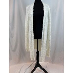 Decree Cream White Fuzzy Eyelash Knit Open Front Duster‎ Cardigan Womens Medium